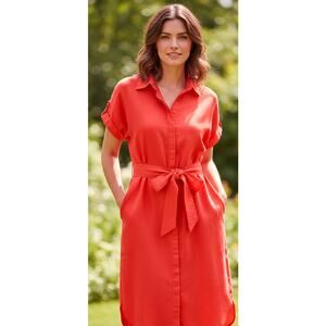 Lauren Ralph Laruen Linen Midi Shirt Dress Size 8 Poppy Red Short Sleeve